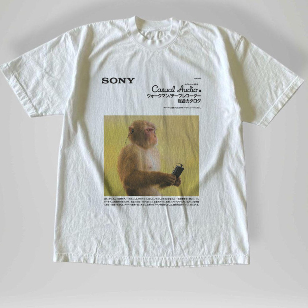Sony Walkman Monkey Casual Audio Japanese Graphic Vintage Y2K White T-Shirt